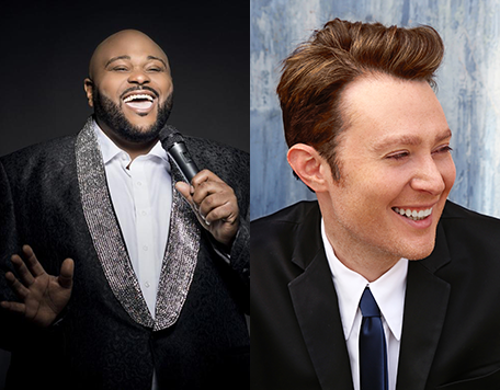 Al photo montage shows Ruben Studdard singing with a microphone, Clay Aiken smiling and glancing aside.
