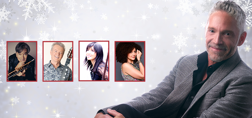 Dave Koz and portraits of four special guests over a festive snowy background.