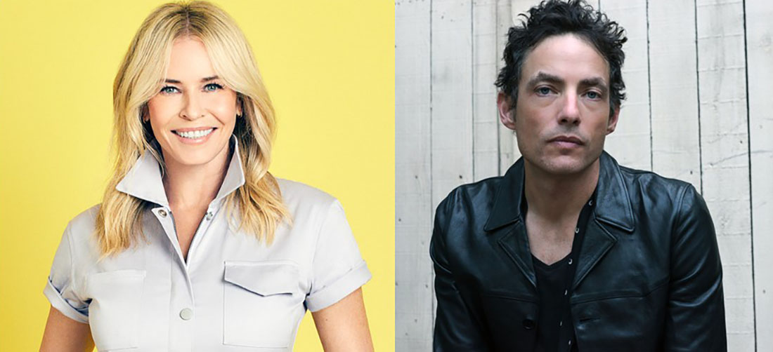 A photo montage shows comedian Chelsea Handler, a blonde woman, in a white shirt against a yellow background, and Wallflowers leader Jakob Dylan, a dark-haired white man, dressed in a black leather jacket. 