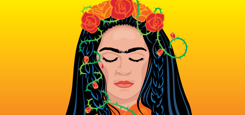 A digital art portrait of Frida Kahlo with eyes closed wearing a red shirt with a pattern of skulls. Roses and thorns twist through her hair.