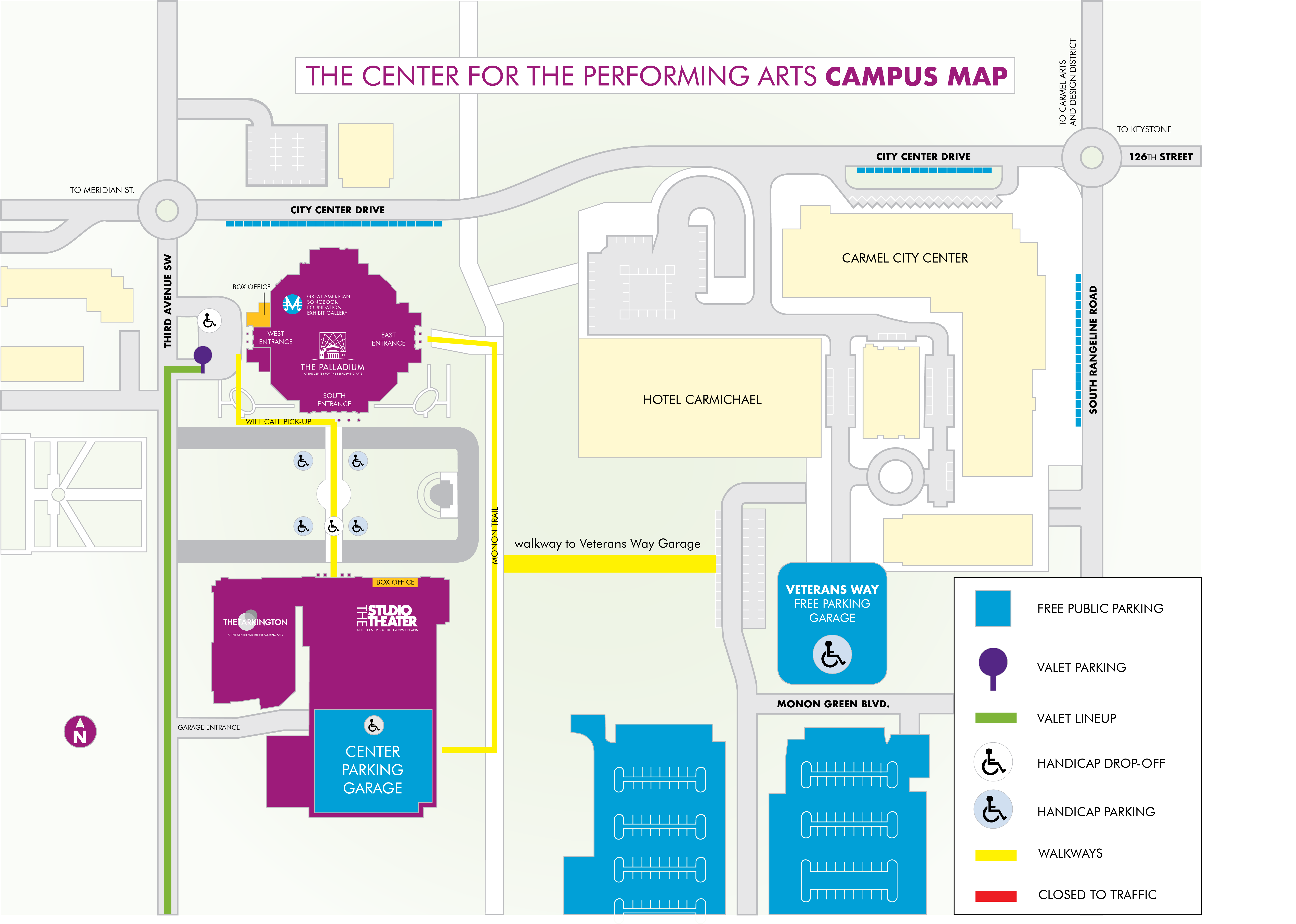 Parking at the Center for the Performing Arts. Free parking available in Center Parking Garage off of 3rd Avenue or Veterans Way Parking Garage at City Center off of Rangeline Road.