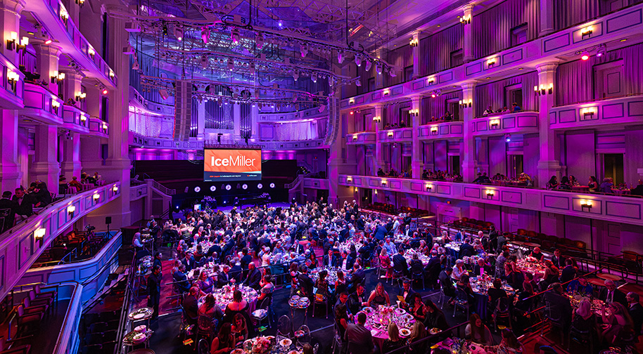 The Center Celebration 2025 viewed from above as guests enjoy an elegant dinner.