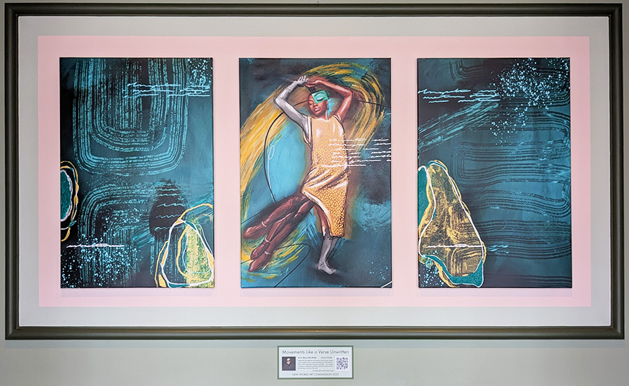 A mixed media artwork in three panels depicting a Black dancer in a yellow dress in fluid movements, surrounded by vibrant colors and dynamic brushstrokes creating the effect of similar movement.