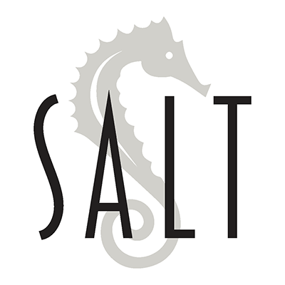 The word Salt in tall elegant lettering over an illustration of a seahorse with curling tail.
