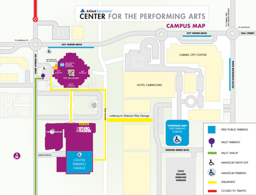 Parking around the Center for the Performing Arts, including free parking in the Center Garage off 3rd Ave and in the Veteran's Way Garage off Rangeline Rd.