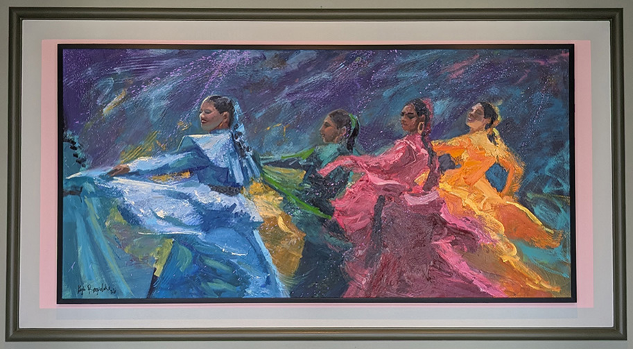 An oil painting of four folklórico dancers in dresses of bright blue, red and orange against a mottled background with shapes resembling music notes and lights.