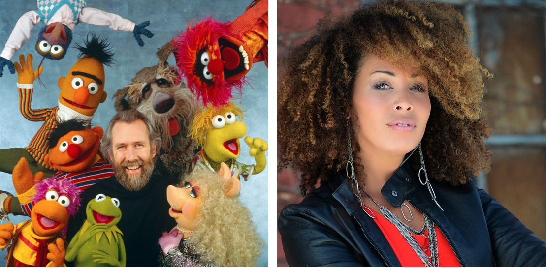 Montage of Jim Henson with Muppets and singer Jenn Cristy smiling
