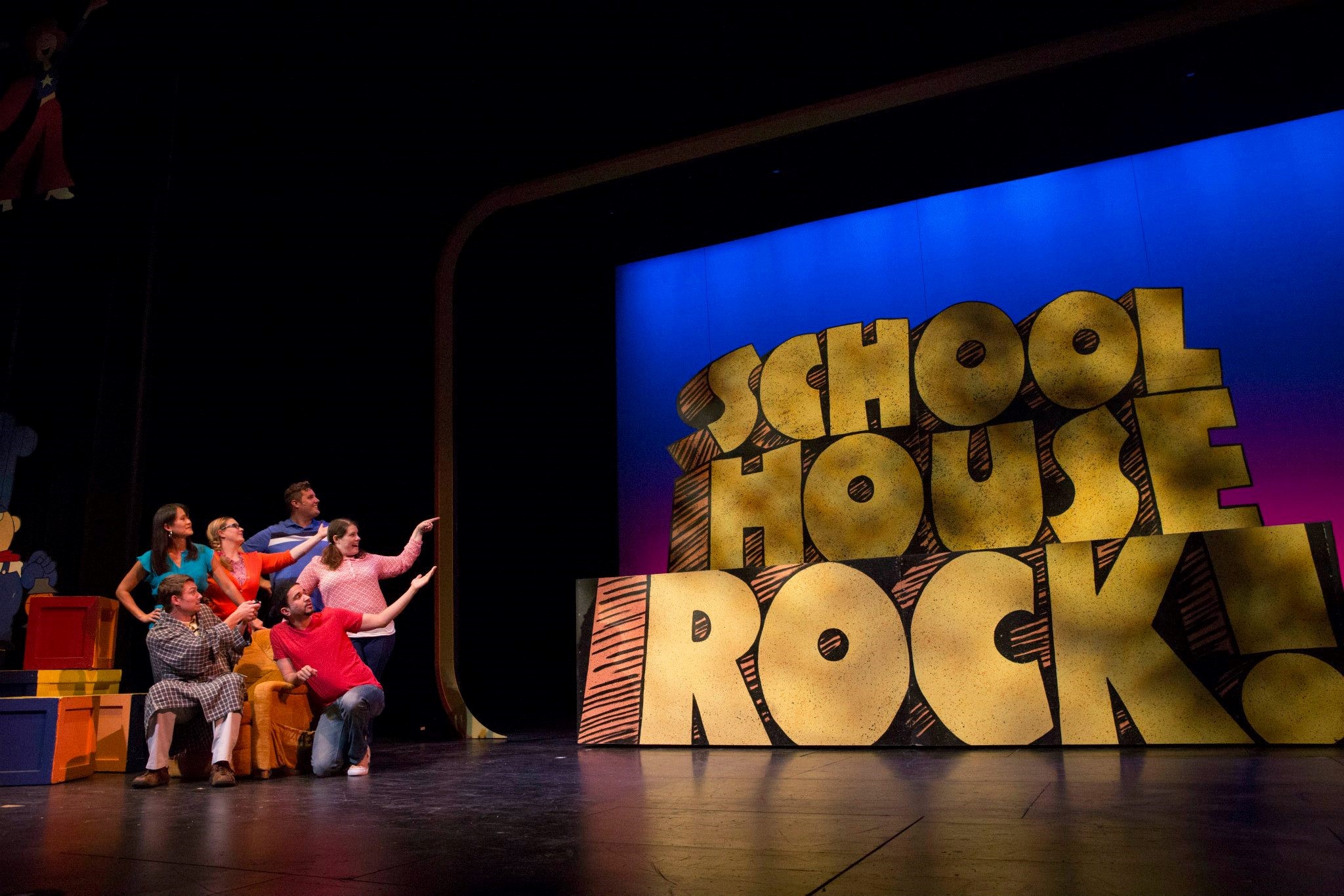 The cast of Civic Theatre&#x27;s Schoolhouse Rock Live! poses on stage at the Tarkington.