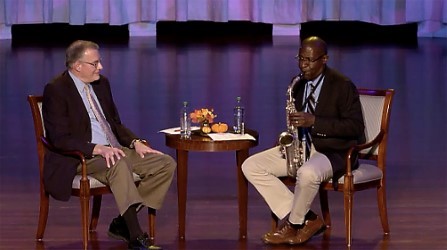 JazzTalk hosts Doug Tatum and Todd Williams talk on the Palladium stage