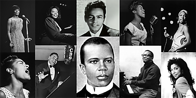 Montage of portraits including Scott Joplin, Nina Simone, Billie Holiday, Johnny Mathis and other artists
