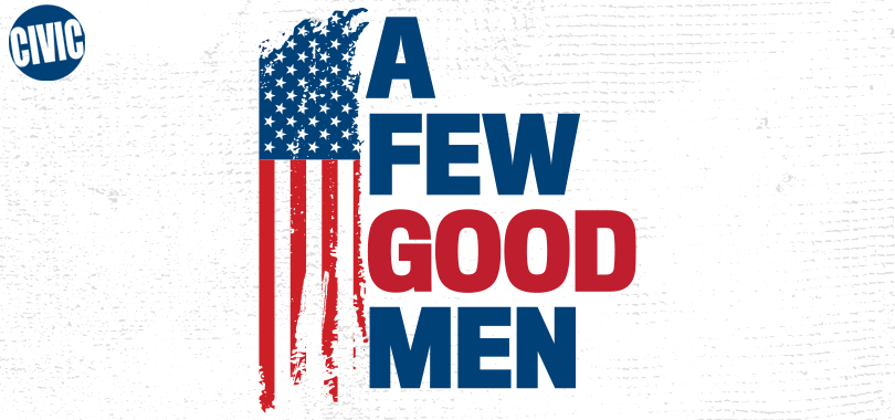 Vertical American flag withe the title "A Few Good Men" in red and blue