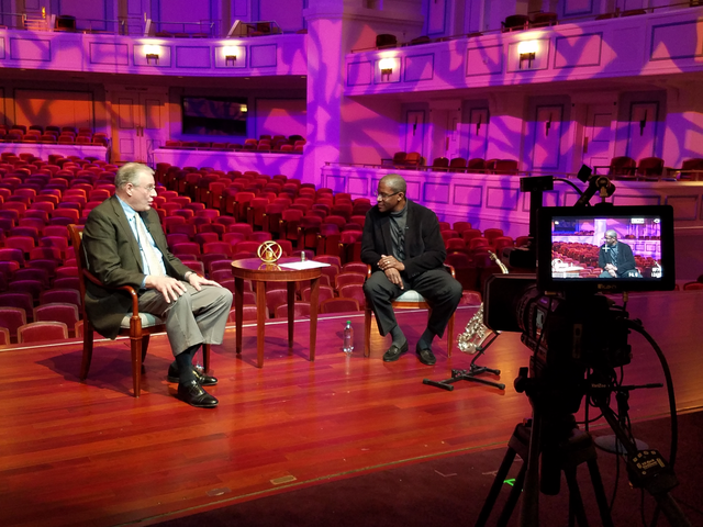 Hosts Doug Tatum and Todd Williams site on the Palladium stage for an episode of JazzTalk