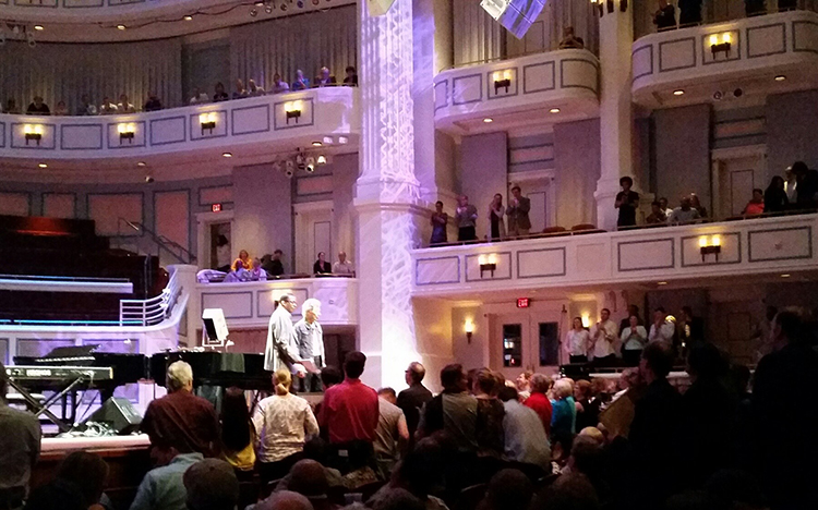 Herbie Hancock and Chick Corea receive a standing ovation at the Palladium in 2015.