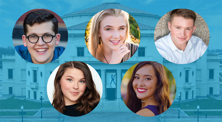 Headshots of Songbook Academy alumni Jack Ducat, Cara Nowlin, Griffin Scott, Tara Lacy and Sydney Greene appear on a blue background image of the Palladium.