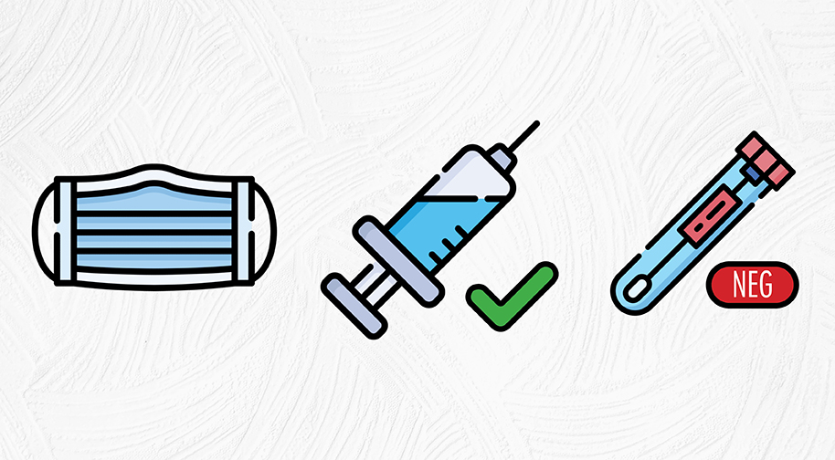 Illustrated icons of a medical mask, a vaccination syringe, and a negative test result.