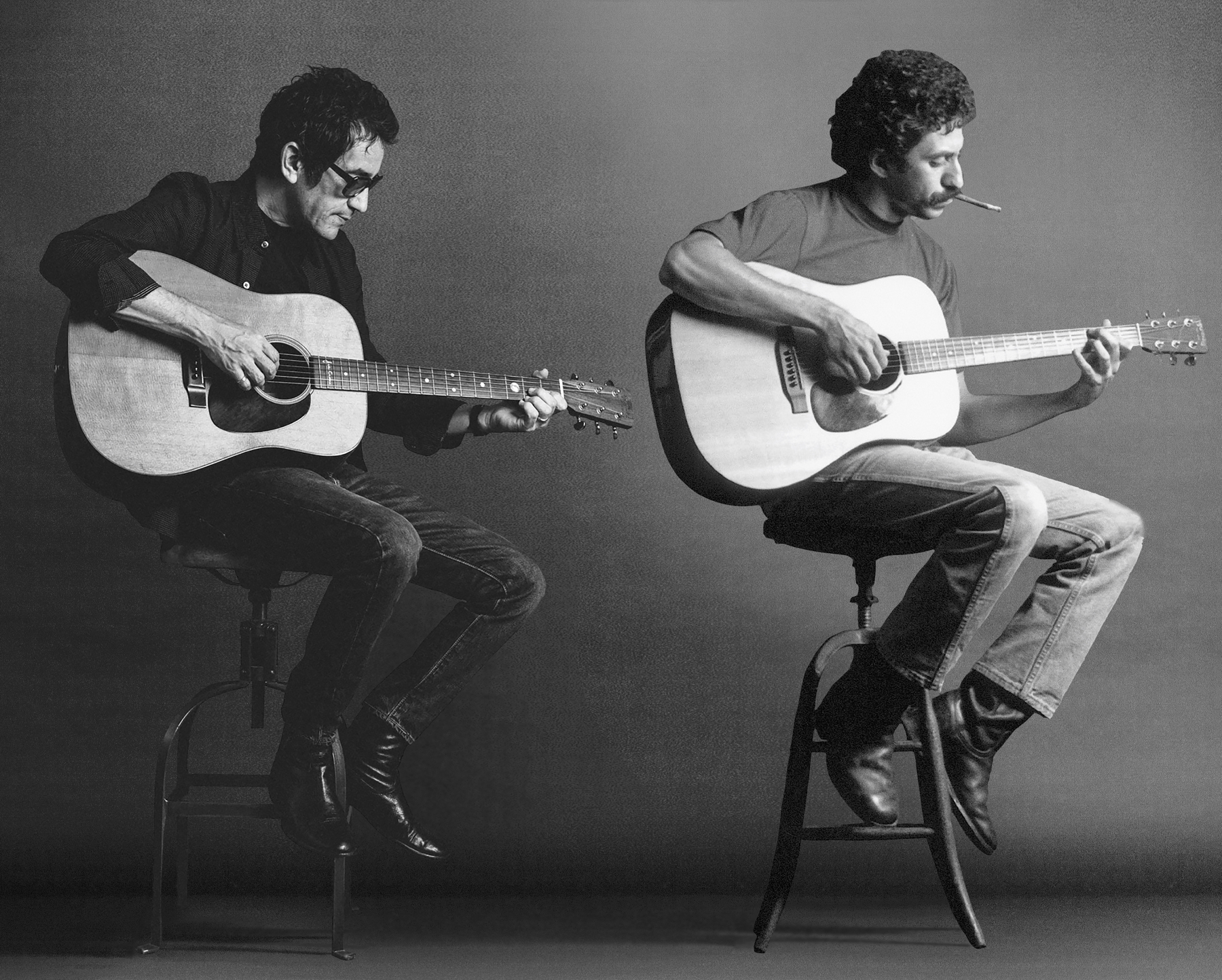 Black and white photo montage of A.J. and Jim Croce playing guitars
