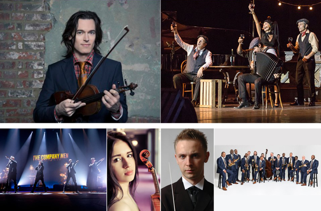 Artists appearing in February at the Center include (clockwise from upper left) the Zach Brock Quartet, Piaf! The Show, the Jazz at Lincoln Center Orchestra with Wynton Marsalis, the Polish Wieniawski Philharmonic Orchestra and The Company Men.