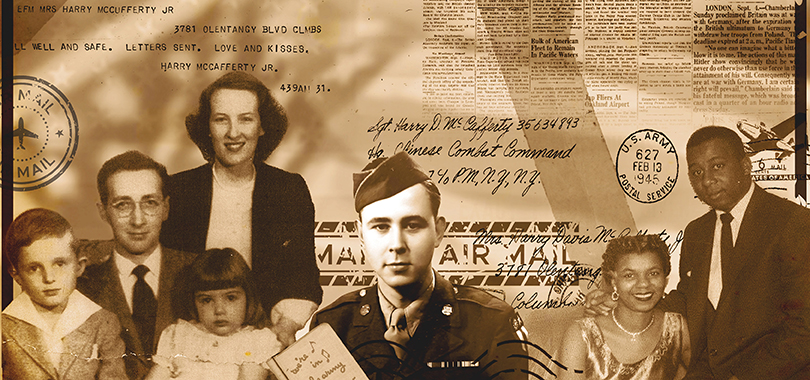 Collage in sepia tones featuring World War II era portraits, letters and news clippings.