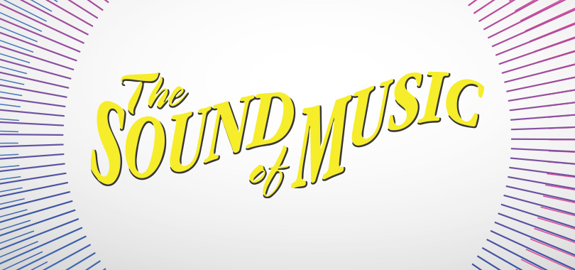 The Sound of Music logo in bright yellow over a blue and white circular background.