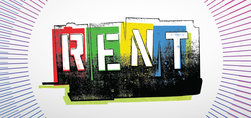 RENT logo in bright primary colors that fade to gritty black at the bottom.
