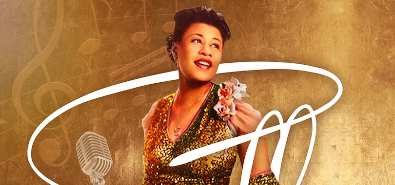 The performer portraying Ella Fitzgerald poses smiling in a black and gold dress alongside a period microphone. Music notes appear etched into a gold metallic background.