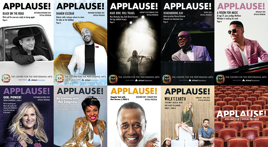 A collage of ten covers of the Center Presents program Applause, featuring a variety of performing artists.