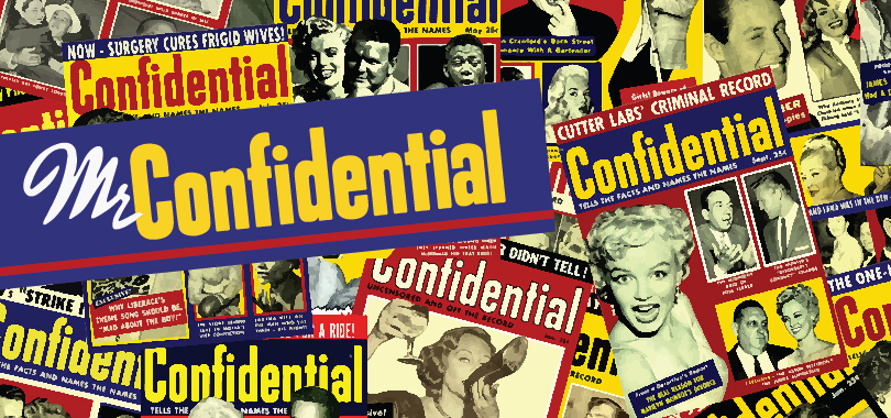 A collage of covers from a 1950s celebrity gossip magazine titled Confidential.