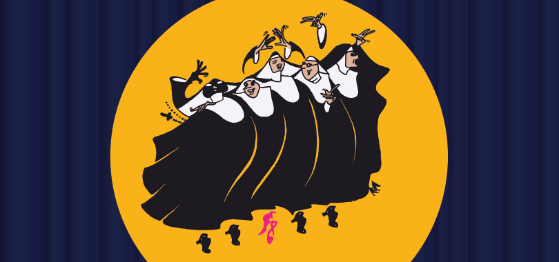 Illustration of five nuns in black and white habits singing and dancing against a yellow background.