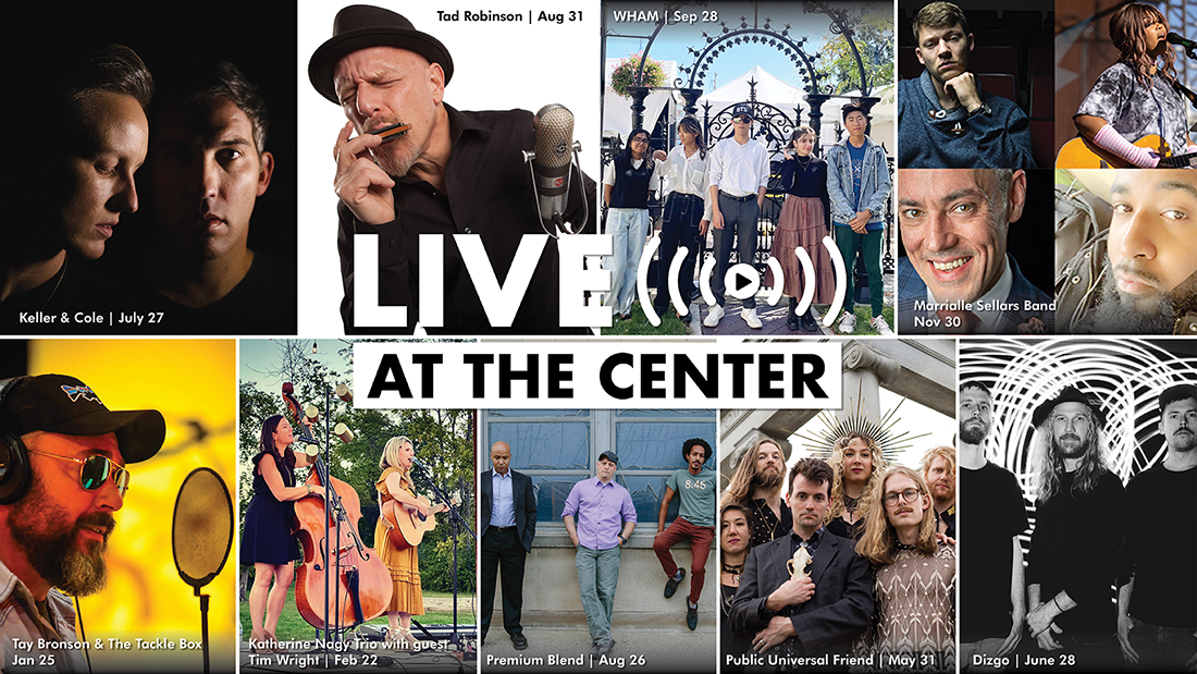 A collage shows the nine artists featured in the Center's Live at the Center livestream series
