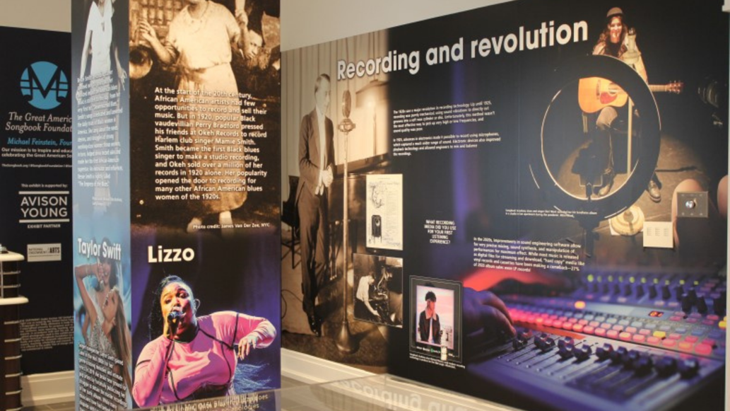 Panels from the Songbook Foundation's From the Jazz Age to Streaming exhibit featuring photos of Mamie Smith and Lizzo and exhibit text about recording and revolution.