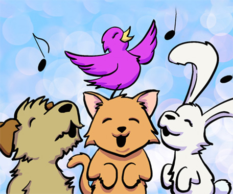 A cartoonish illustration of a dog, a cat, a rabbit, and a songbird singing together.