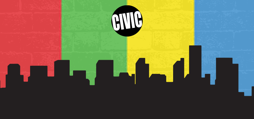 The silhouette of a city skyline against a rainbow colored brick background. The circular black and white Civic logo appears at the top.