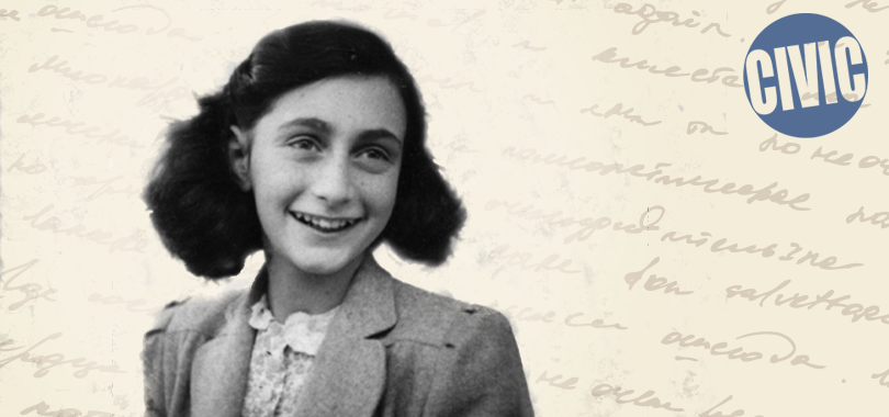 A portrait of Anne Frank against a background of a selection from her handwritten diary. The Civic logo appears in the top-right corner.