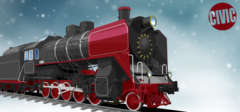 A steam engine in blood-red and grey moves along tracks from left to right against a snowy background. The Civic logo appears in the top-right.