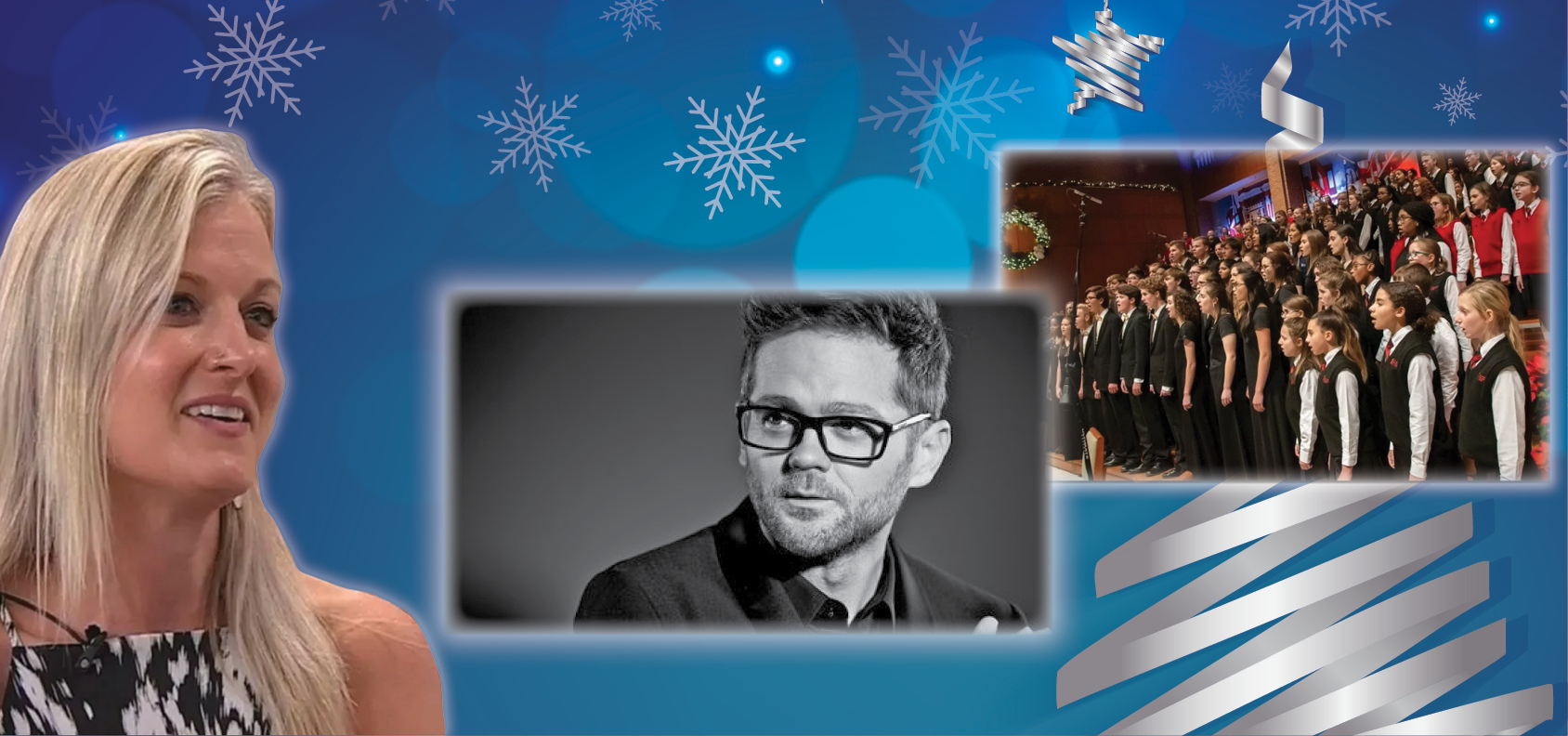 Collage of Josh Kaufman, Leah Crane, and the Indianapolis Children’s Choir against a background of snowflakes.