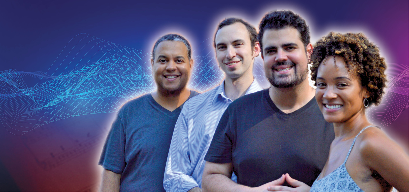 The members of Harlem Quartet pose in casual clothing against an abstract background.