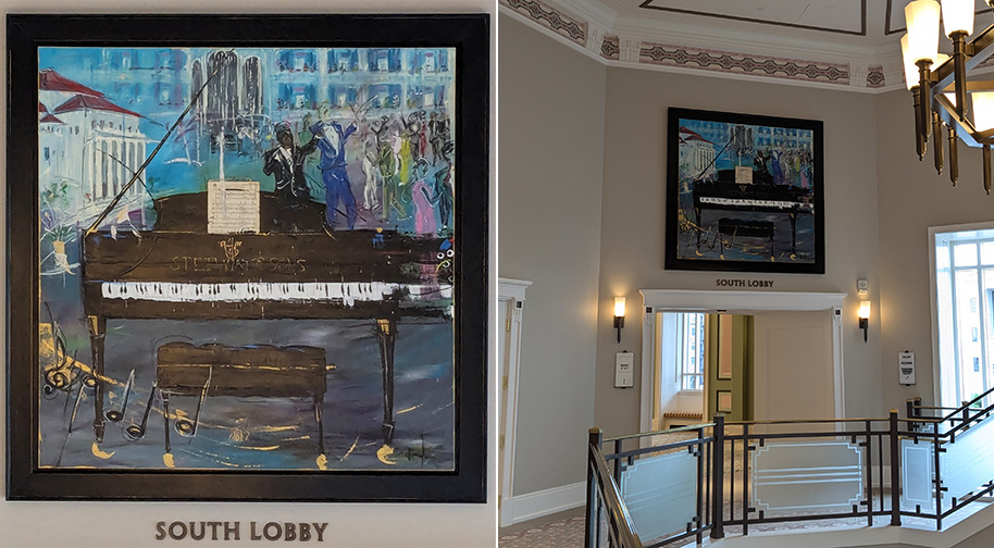 Randy Sorrell's Heart and Soul, a six foot square oil painting, hangs over a doorway leading to the South Lobby overlook.