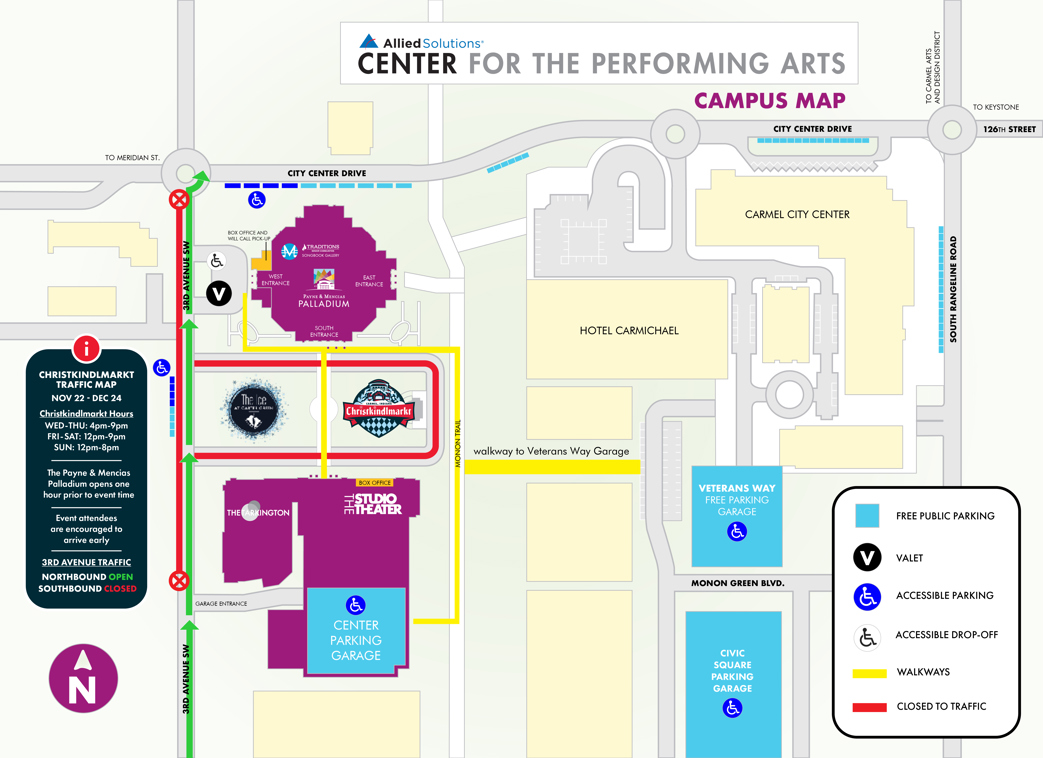 Allied Solutions Center parking map shows new traffic pattern during holiday season. While Christkindlmarkt is open, 3rd Avenue is only open to northbound traffic.