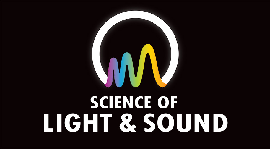 Science of Light & Sound with a logo made of a glowing ring of white light and a rainbow-colored wave.