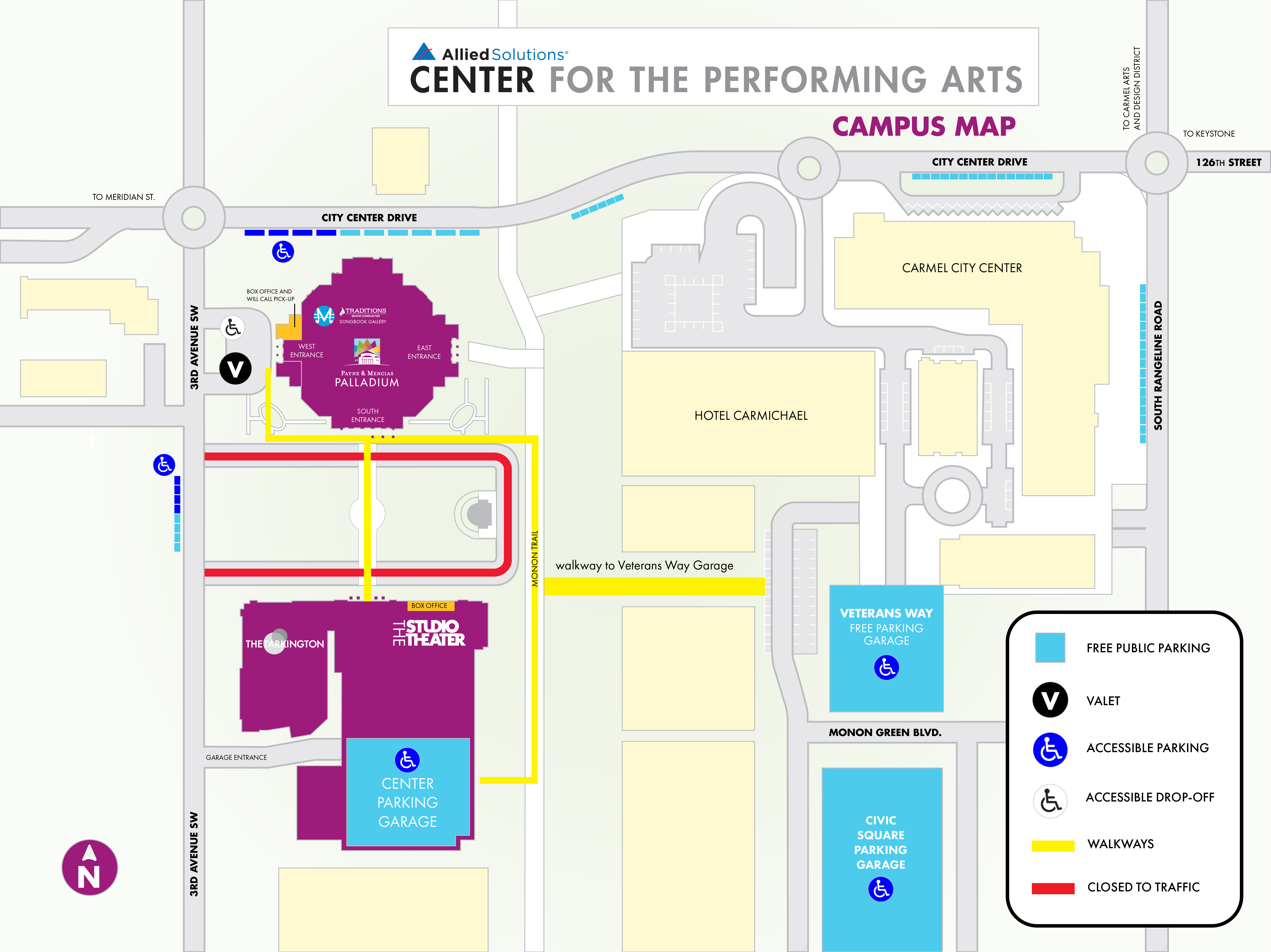 Carter Green is closed to traffic. Free parking is available in the Center Garage off 3rd Avenue SW.