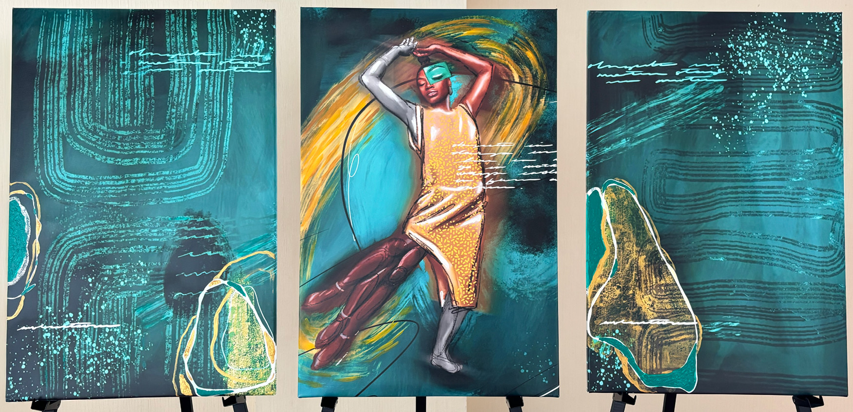 A mixed media artwork in three panels depicting a Black dancer in a yellow dress in fluid movements, surrounded by vibrant colors and dynamic brushstrokes creating the effect of similar movement.