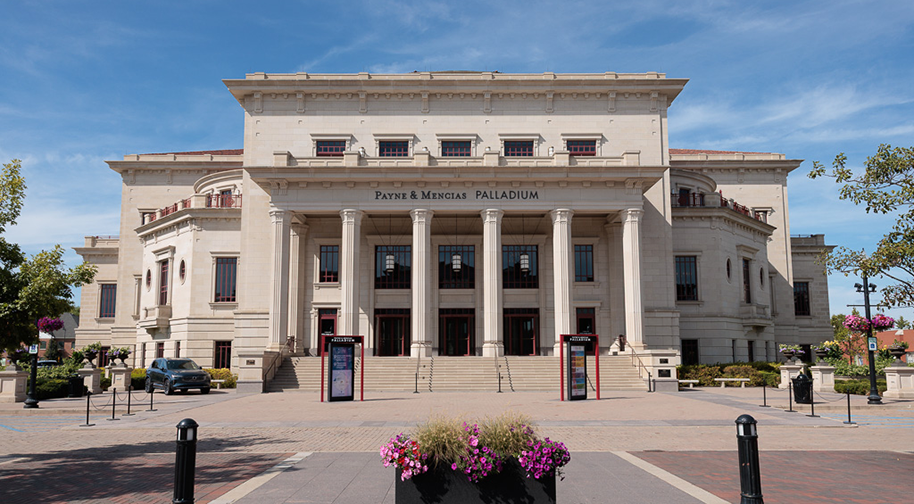 The south steps of the Payne & Mencias Palladium at Allied Solutions Center viewed from Carter Green.