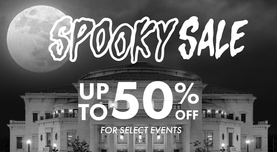 A full moon rises behind the Payne & Mencias Palladium. Spooky Sale is on now! Up to 50% off tickets for select events.