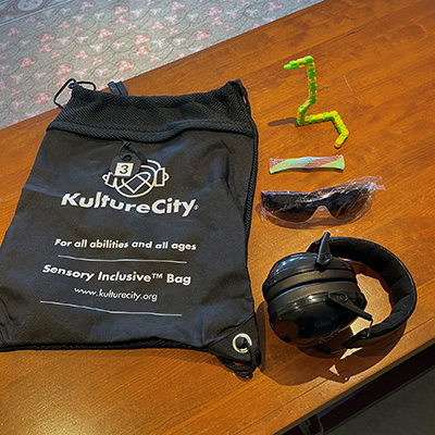 A black sensory bag and its contents, which include headphones, sunglasses and fidget tools
