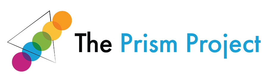 The Prism Project with a logo consisting of a triangle tilted slightly with five multi-colored circles passing through it in a line creating a prism effect.