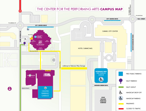 Parking around the Center for the Performing Arts, including free parking in the Center Garage off 3rd Ave and in the Veteran's Way Garage off Rangeline Rd.