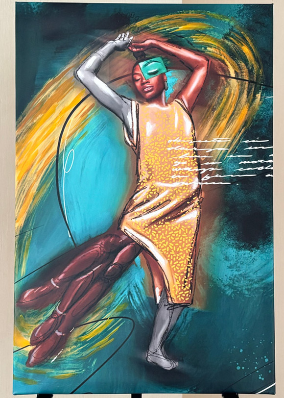 A mixed media artwork in three panels depicting a Black dancer in a yellow dress in fluid movements, surrounded by vibrant colors and dynamic brushstrokes creating the effect of similar movement.