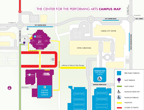 Parking map at the Center for the Performing Arts. Carter Green is closed. Parking available in the Center Garage off 3rd Ave SW.