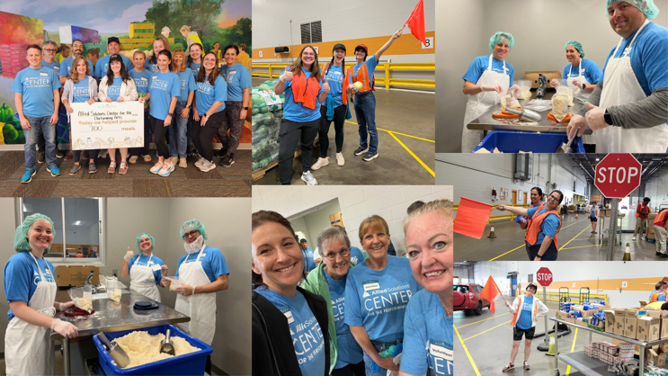 Staff volunteers in matching blue shirts volunteer in various capacities at Gleaners Food Bank, working a drive-thru and packing food.