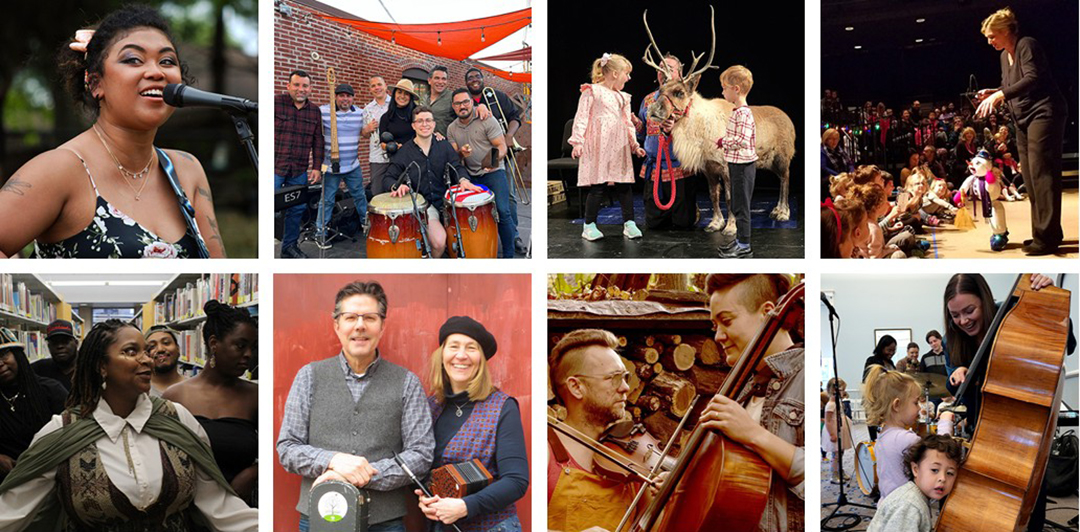 A collection of eight images shows various musical performers and groups.
